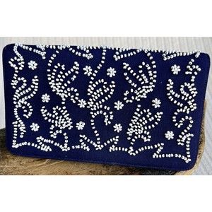 BEAUTIFUL 1940s VINTAGE NAVY BLUE  HAND-BEADED CLUTCH | SATIN INTERIOR